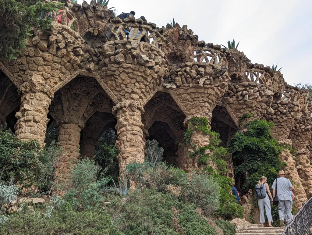 Terrace made of leaning pillars with rocks stuck to them