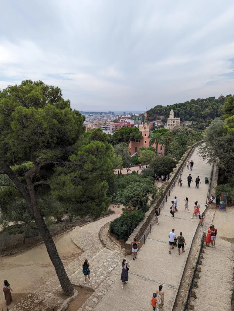 View from the top of the terrace down the hill showing the path and church