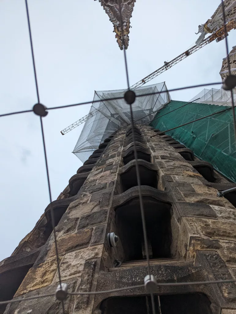Looking up at debris nets on the tower above