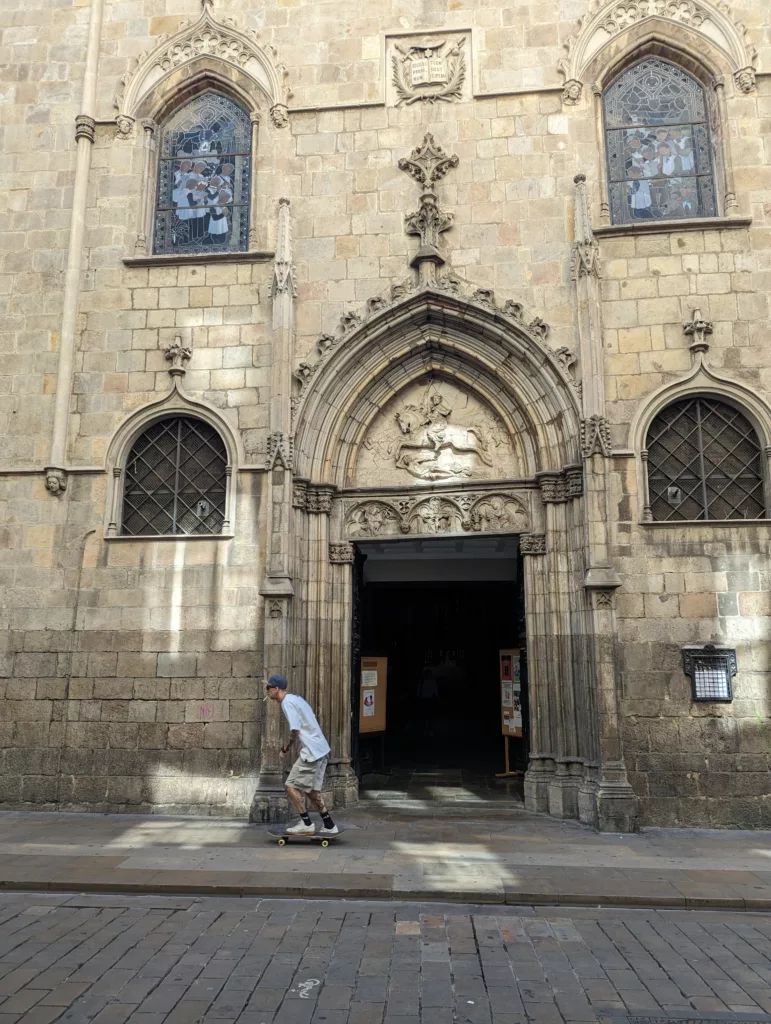 Door to church with skateboarder