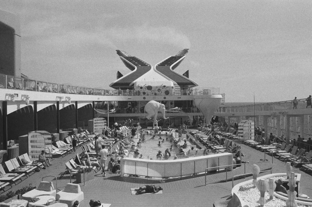 Centre desk photo of the pool featuring elephant and X-funnels