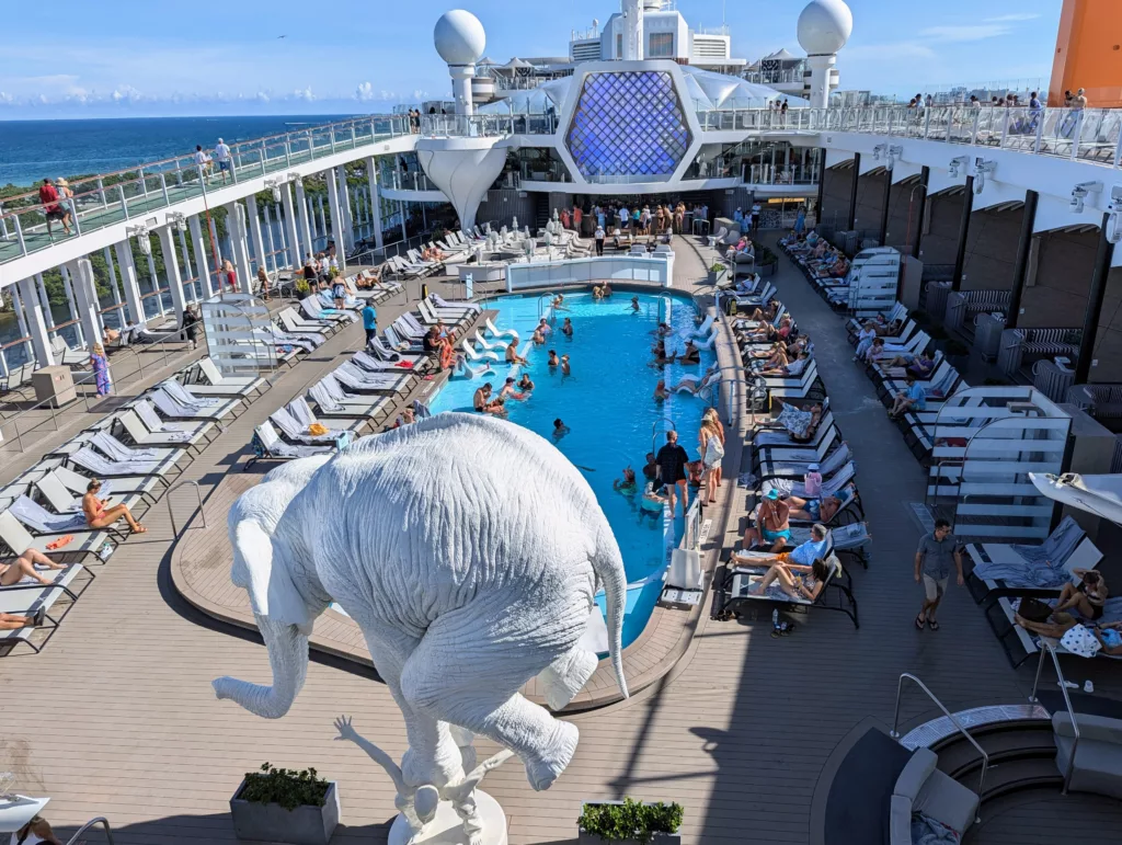Ships pool with elephant sculpture.