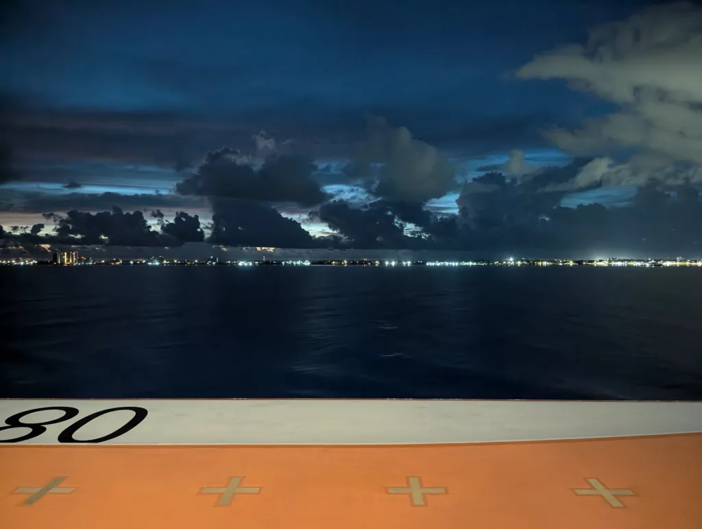 View from cabin of lights on the mainland