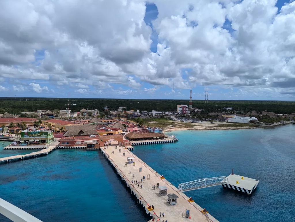 View from ship to shore of tourist complex