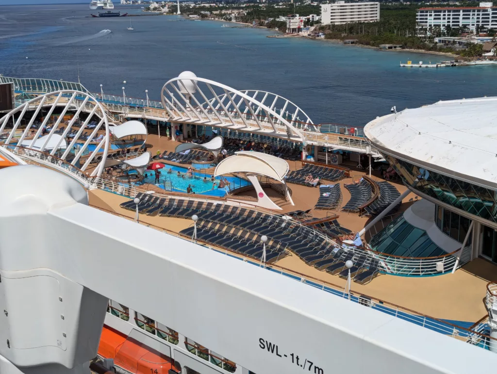 View down at the pool deck of neighbouring liner