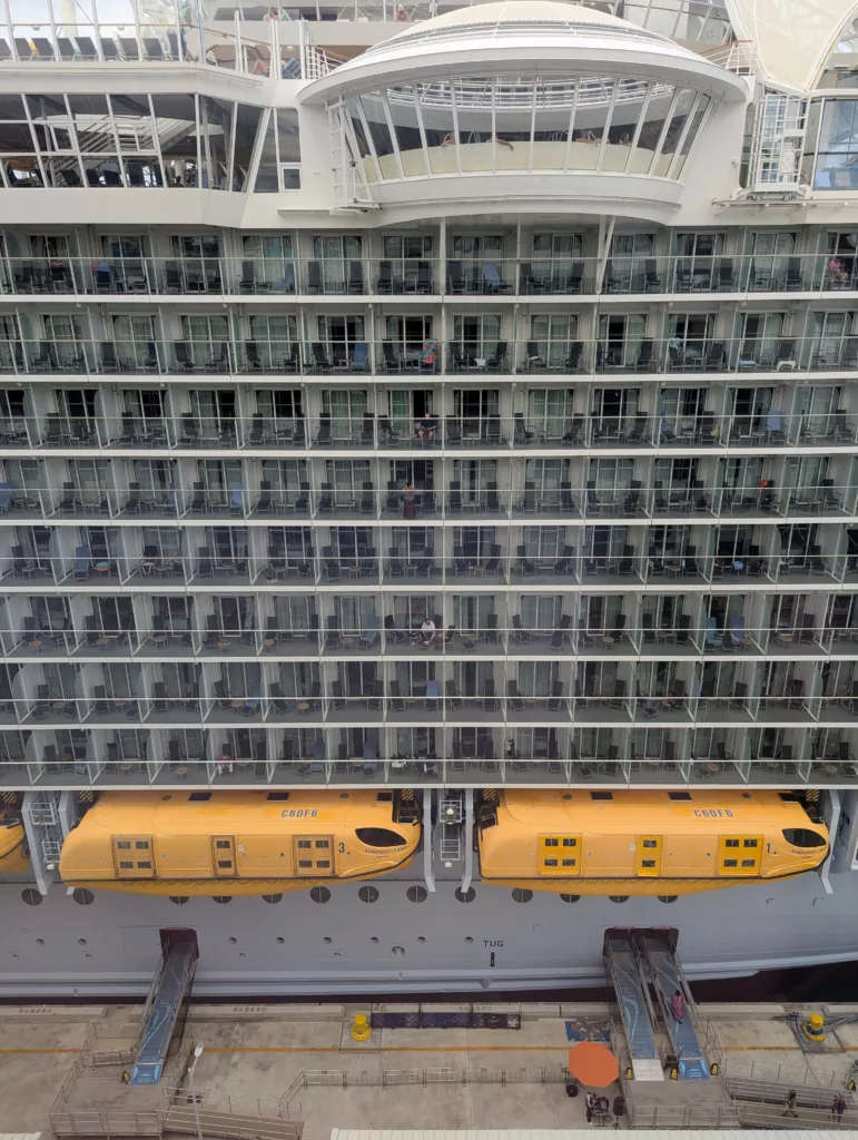 View of ship's cabins looking like an apartment block