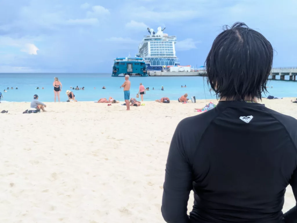 Sachie looking at the ship at the jetty