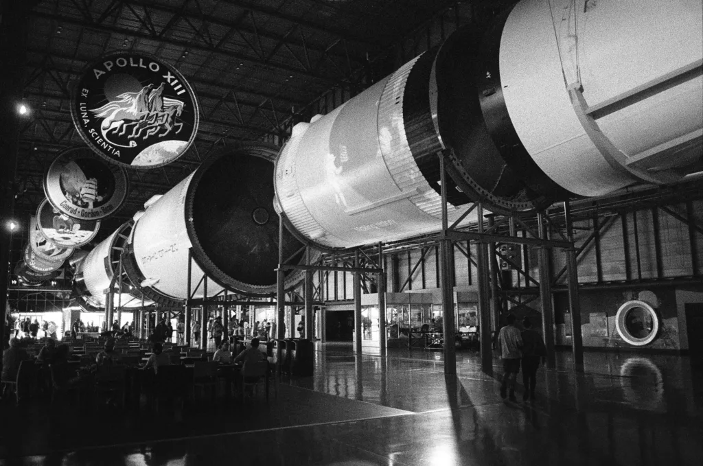 B&W photograph of Saturn V in stages