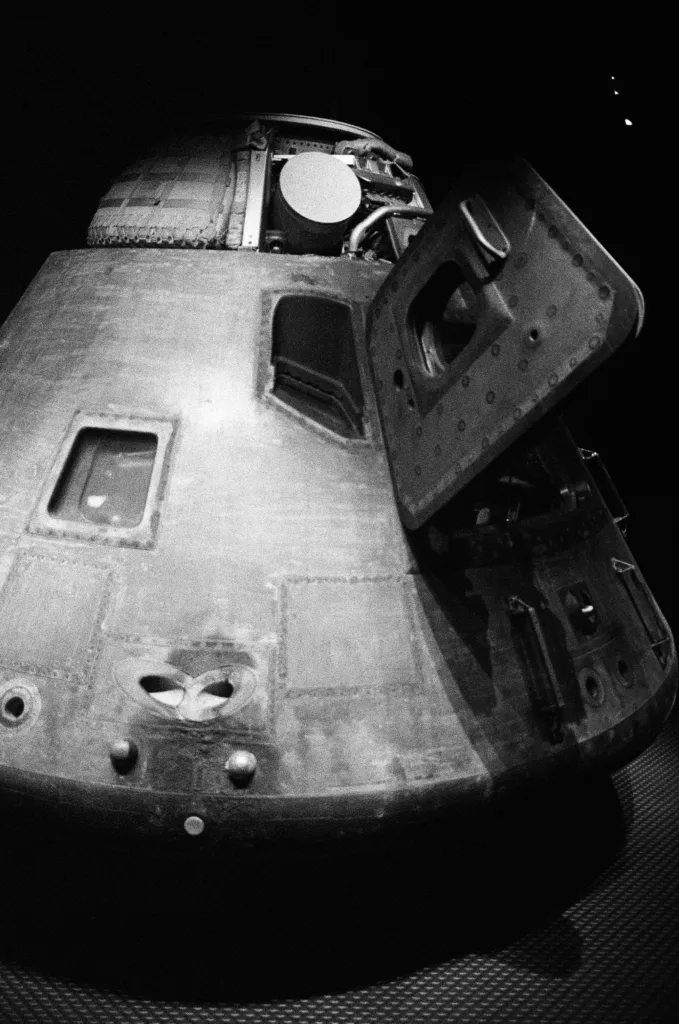 Black and white photograph of reentry capsule