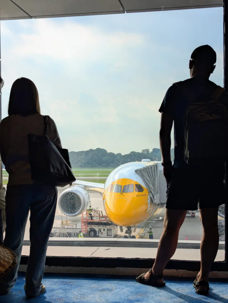 People at airport looking at plane.